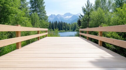 A light-colored wooden deck extends to a tranquil lake. Wooden railings frame the scene, showcasing lush green trees and distant mountains. The image is sharp and well-lit, exhibiting a serene aesth