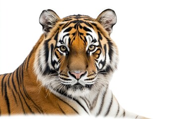 Fototapeta premium Portrait of a Lying Tiger Looking Forward on a White Background