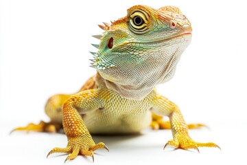 Fototapeta premium Standing Green Crested Lizard Portrait on White Background Exotic Pet Concept