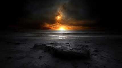 Obraz premium Dramatic sunset over a desolate beach. Dark clouds and a fiery orange sunset illuminate a vast, empty beach. A lone rock sits in the foreground