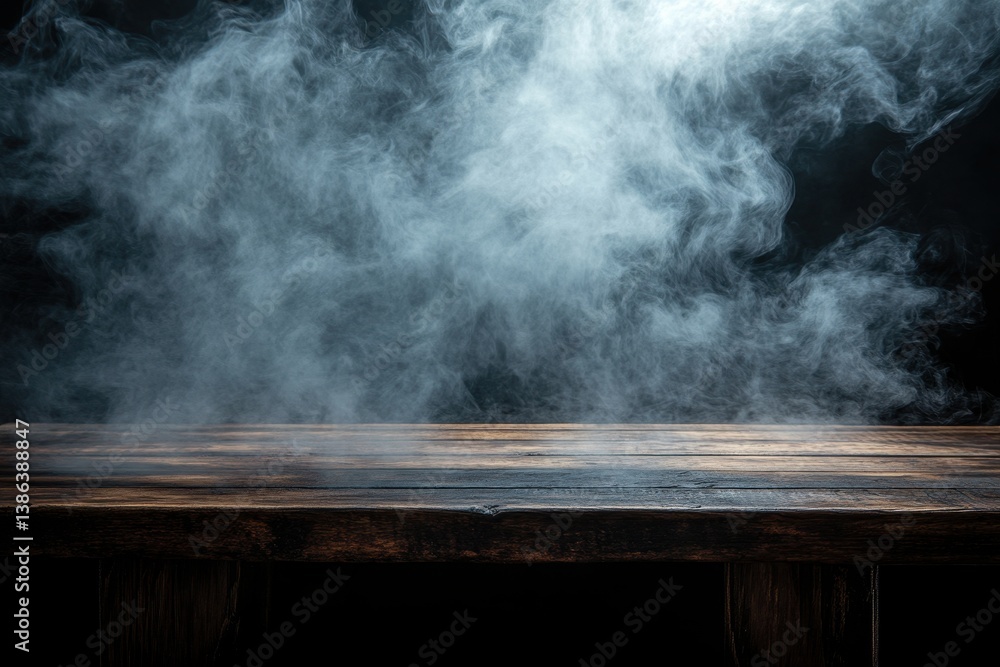 Poster foggy atmosphere created on a wooden surface with swirling smoke against a dark backdrop in a low-li