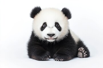 Fototapeta premium Cute Panda Cub Resting on White Background with Fluffy Black Fur