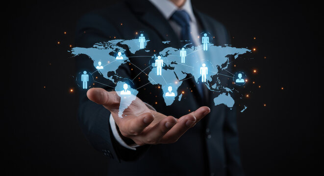 Global Network: Man Holding World Map with Connected People Icons, Business Expansion, International Reach, Global Connections, Networking, Digital
