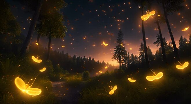 As night fell on the forest the fireflies began their dance their floating lights leaving shimmering trails in their wake 4K