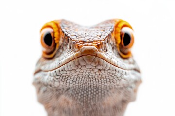 Bearded Dragon Head Closeup with Detailed Scales and Vibrant Orange Eyes