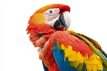 Naklejka premium Scarlet Macaw Parrot Preening Feathers Profile on White Background