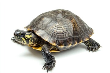 Obraz premium Turtle Walking on White Background Close-up of Shell and Head Details