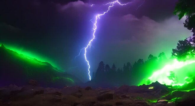 A spectacle of light and sound as animated lightning strikes with a deafening crack and a blinding flash bringing energy and excitement to any scene Green screen chromakey 4K