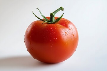 Fresh Red Tomato with Water Droplets and Green Stem on White