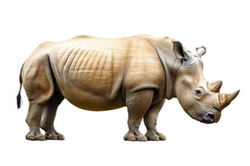 Obraz premium Standing Rhino Side View with Horn Isolated on White Background
