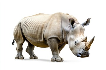 Fototapeta premium Standing Rhinoceros on White Background Detailed Wildlife Animal Portrait