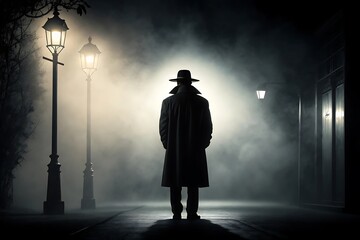 Lone Noir Detective in Foggy Street at Night