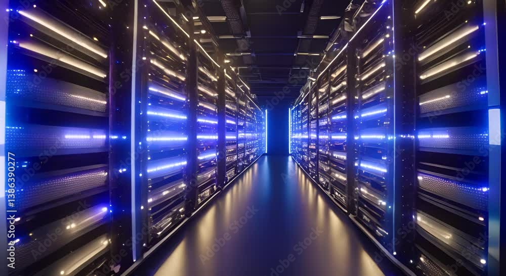 Poster a closeup of a data center server rack with glowing lights indicating the ai systems at work process