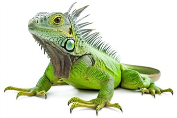 Fototapeta premium Green Iguana Close Up on White Background Exotic Pet Portrait