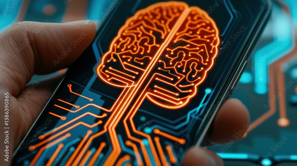 Poster male hands interact with a mobile phone featuring a circuit brain design, showcasing ai and machine 