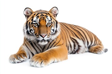 Obraz premium Lying Tiger Portrait Against White Background Looking at the Camera