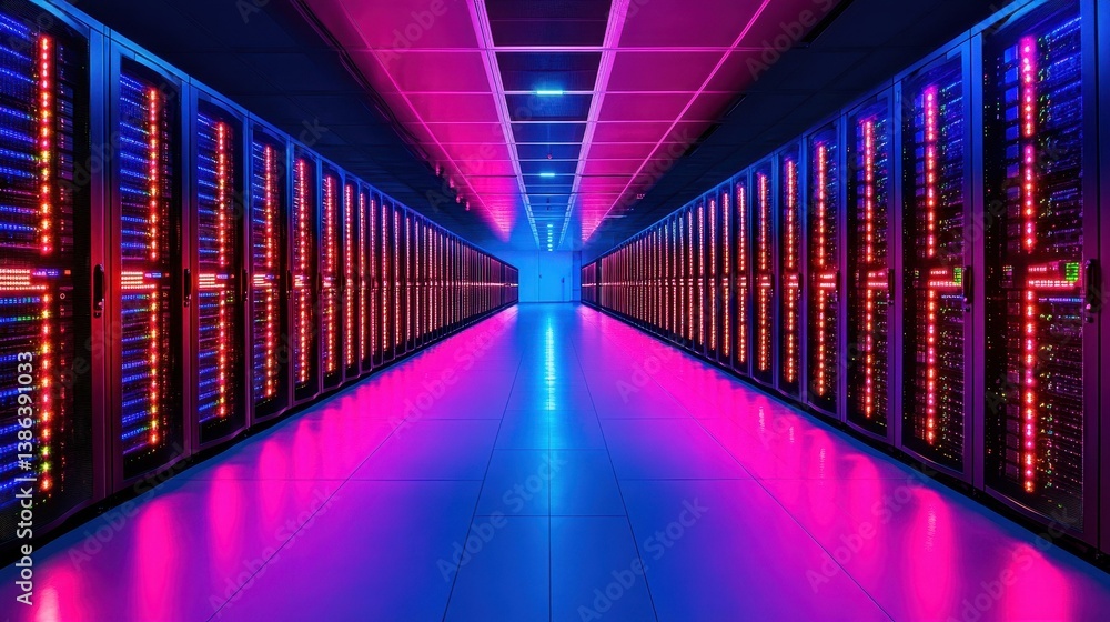 Poster experience the future with a sleek blockchain data center, featuring vibrant servers and a cool, tec