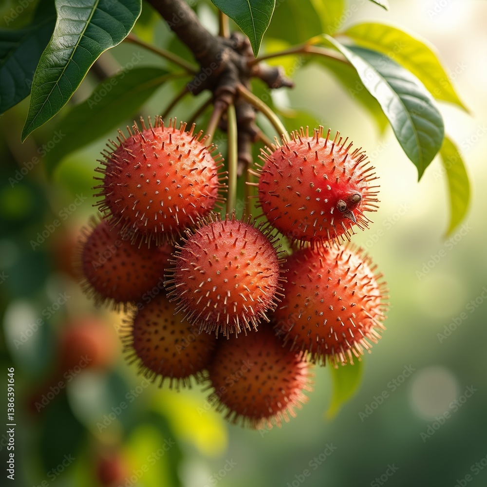 Poster bunch red fruits hanging tree branch fruits round spiky small bumps their surface arranged cluster o