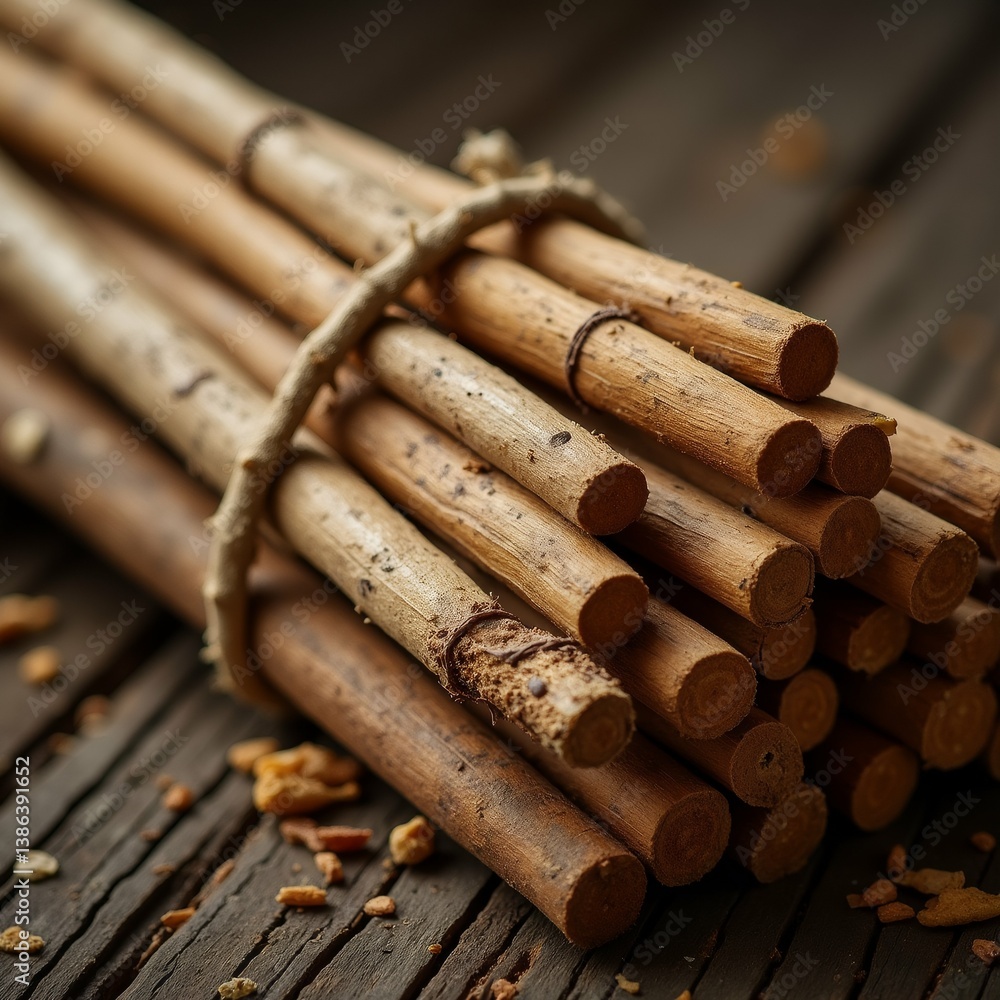Poster bunch cinnamon sticks tied together string sticks arranged pile wooden surface cinnamon sticks light