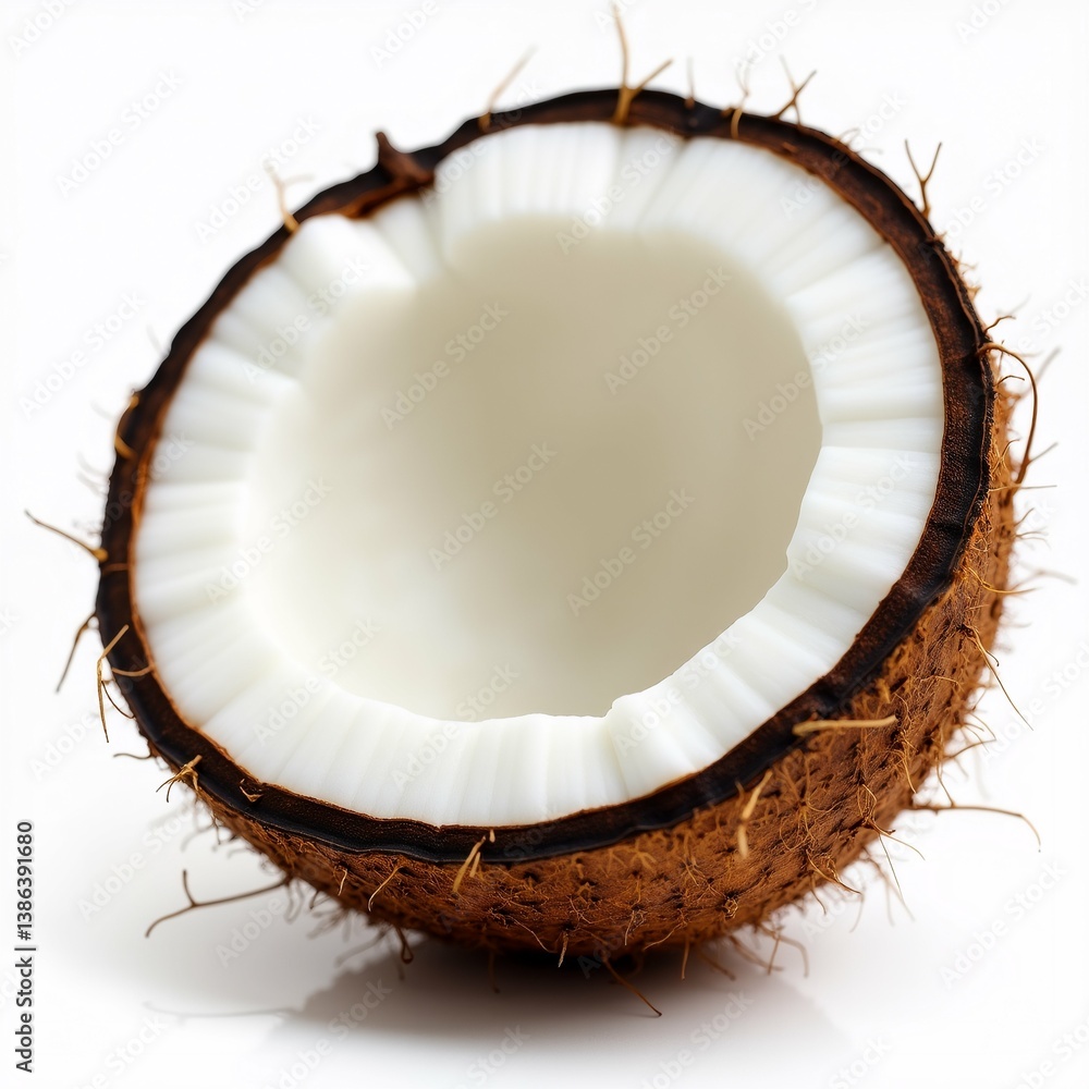 Poster close coconut shell shell round has dark brown color white interior outer edge shell slightly curved