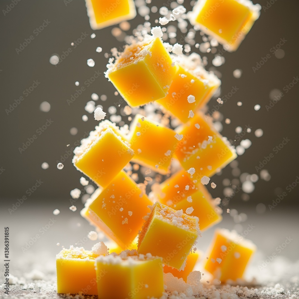Poster group small cubes orange colored sugar cubes falling into air cubes arranged scattered manner overla