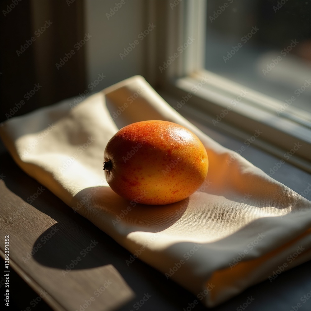 Poster single orange fruit resting white napkin wooden window sill napkin folded neatly fruit placed center