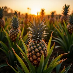 Fototapeta premium group pineapples growing field sunset sky orange yellow sun setting background casting warm glow over scene foreground close pineapple plant its leaves stems pineapple center focus while others