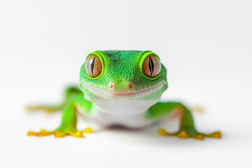 Close-up of a Green Gecko Smiling on White Background with Big Eyes