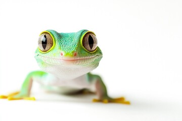 Close-up of a Green Gecko with Big Eyes on White Background
