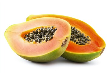 Sliced Papaya Fruit with Seeds Isolated on White Background Close-up