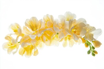 Obraz premium Blooming Freesia Branch with Delicate Yellow Petals Against a White Background