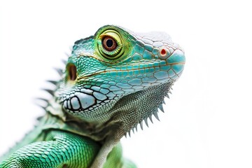 Fototapeta premium Close-up of a Green Iguana Head on White Background Looking Up