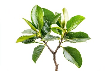 Green Branch with Leaves and Buds Isolated on White Background