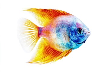 Fototapeta premium Isolated Colorful Ram Cichlid Fish Swimming on White Background Portrait