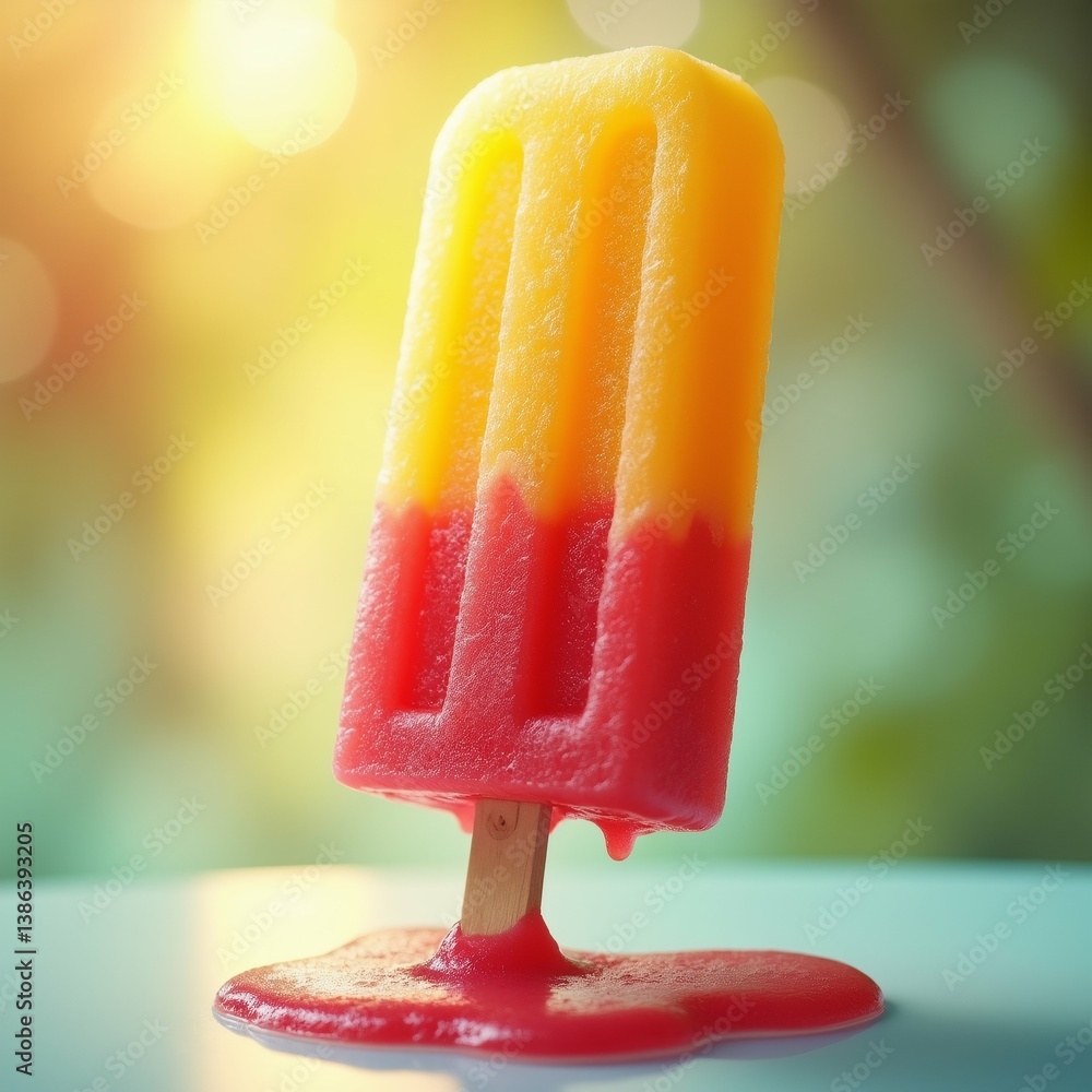 Poster close popsicle blue surface popsicle shape triangle top half being yellow bottom half being red yell