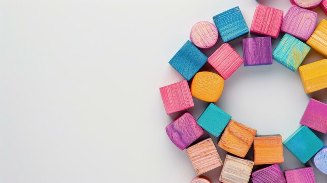 Unity concept visualized with colorful wooden blocks, representing cohesion and diversity. Perfect for data or peoplerelated content.