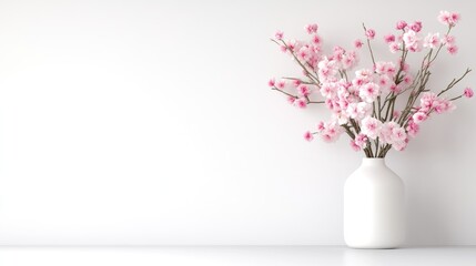 Naklejka premium A white ceramic vase filled with delicate pink cherry blossoms on a minimalist white shelf, soft lighting and clean background, and floral arrangement concept.