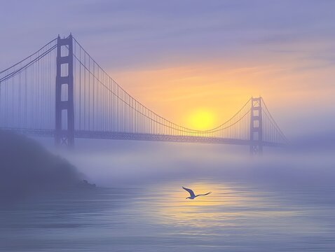Golden Gate Bridge at Foggy Sunrise with Flying Bird Silhouette