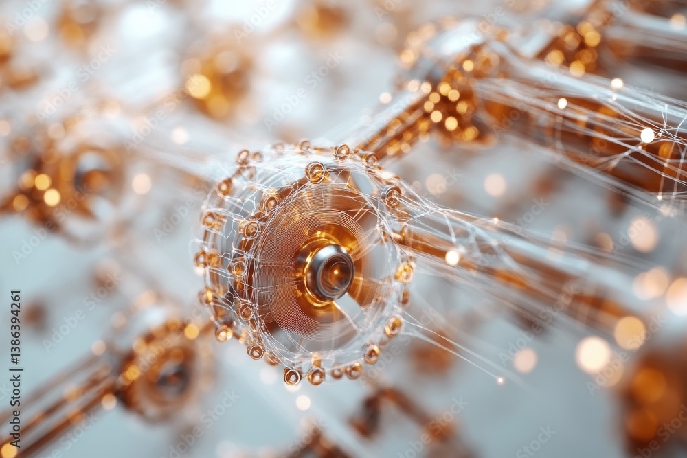 Poster close-up of metallic structures resembling microchips, showcasing shiny details and intricate patter