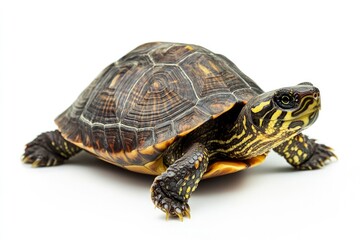 Obraz premium Close-up of a Turtle Walking on White Background with Detailed Shell
