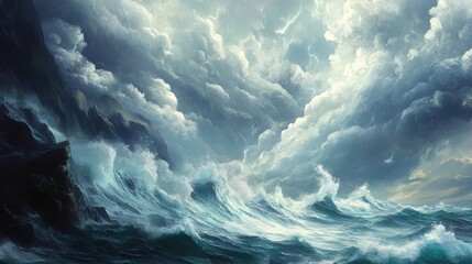 Naklejka premium A dramatic seascape featuring tumultuous waves crashing against dark rocky cliffs, set under a stormy sky filled with dense, swirling clouds. The light breaks through the clouds, casting a mystical gl