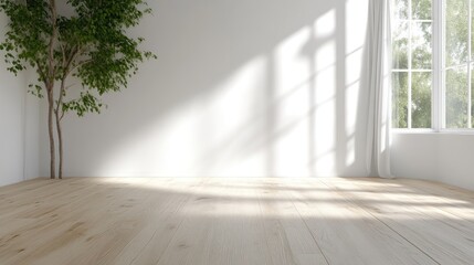 Fototapeta premium A bright room features light wood flooring and a white wall. Sunlight streams through a window, casting shadows. A small tree stands in the corner. The image is high-quality, exhibiting a minimalist
