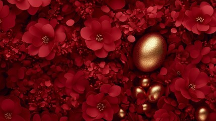 Creative pattern of vibrant red flowers with shiny golden eggs. Easter celebration concept with copy space.