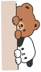 곰과 강아지가 벽 뒤에서 얼굴을 내민 그림