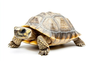 Obraz premium Isolated Tortoise Walking Slowly on a White Background in Studio Light