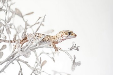 Naklejka premium Leopard Gecko Resting on Branch with White Background in Studio Shot