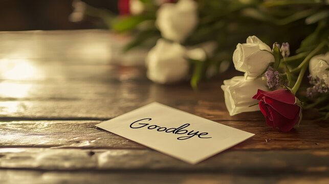 Goodbye note with red and white roses on wooden table reflections