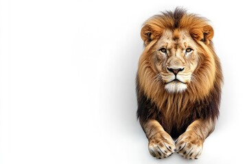 Obraz premium Majestic Lion Posing with Intense Gaze on Clean White Background
