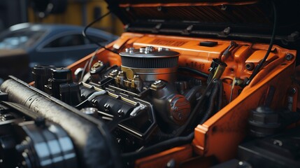 A photo of a car engine being repaired.