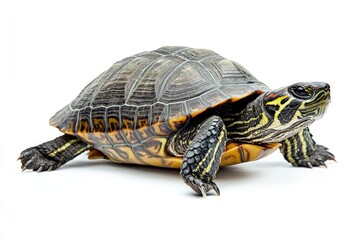 Obraz premium Red-eared Slider Turtle Standing Isolated Against White Background Studio Shot